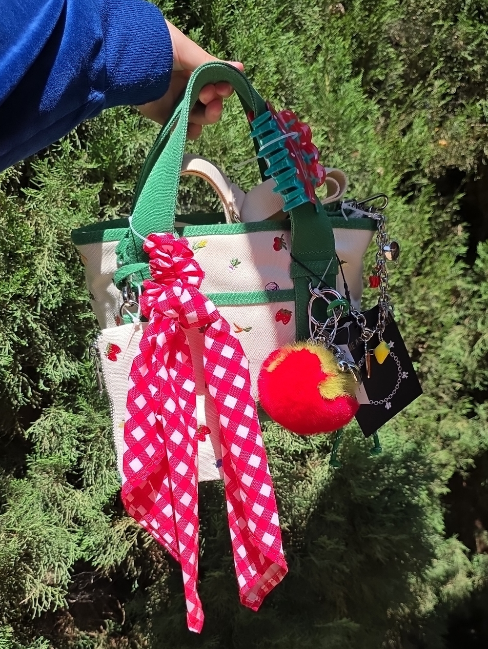 Cream Canvas Tote with Green Trim, Red Gingham Scarf and Tomato Charm